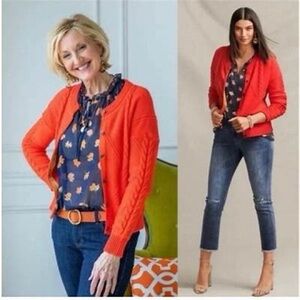Cabi bold & modern cable cardigan, citrus color / red-orange style 5449